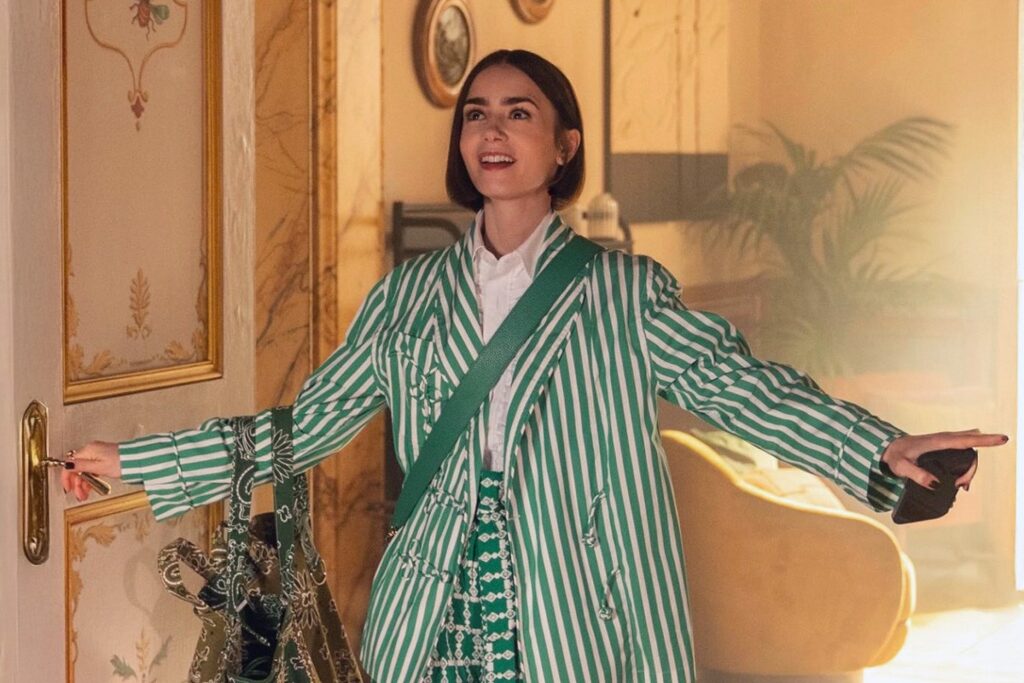 Emily's green striped blazer on Emily In Paris