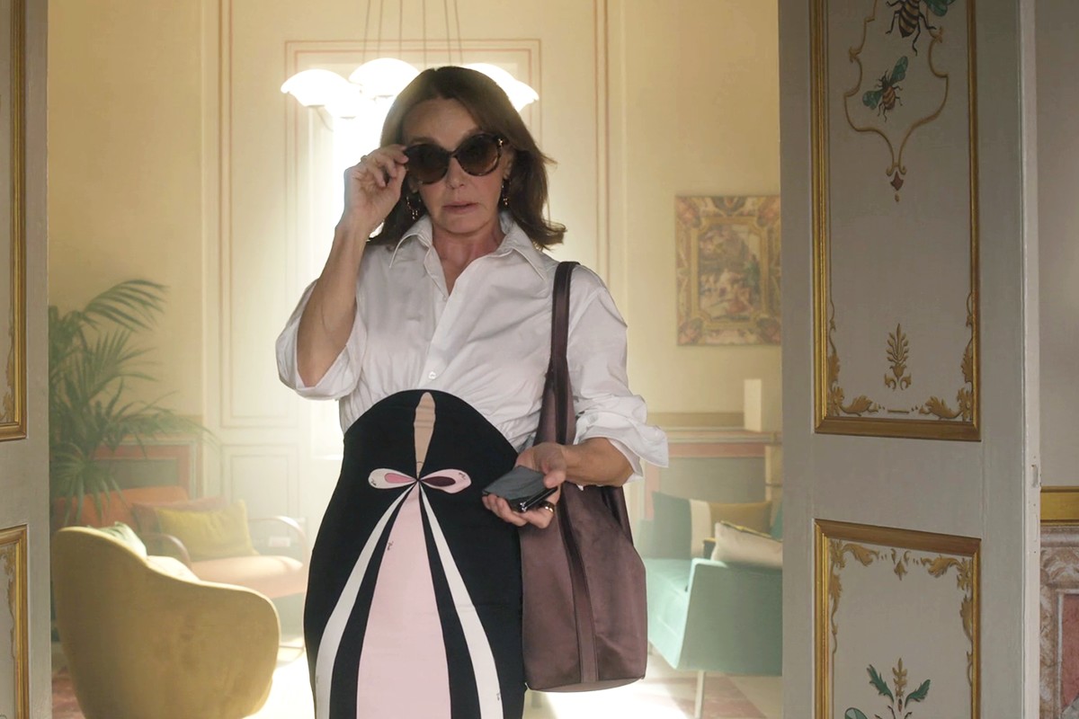 Sylvie's white black and pink print Pucci dress on Emily In Paris