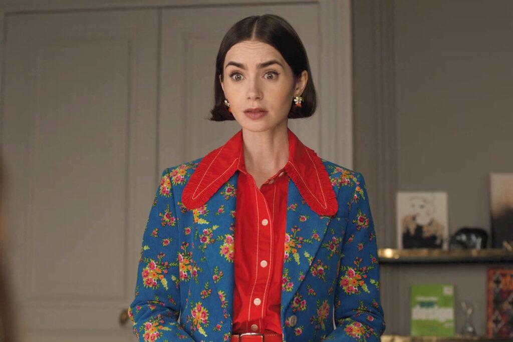 Emily's white red geometric sweater on Emily In Paris