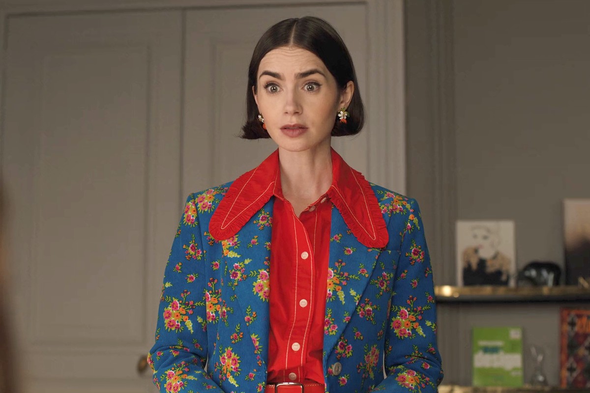 Emily's white red geometric sweater on Emily In Paris