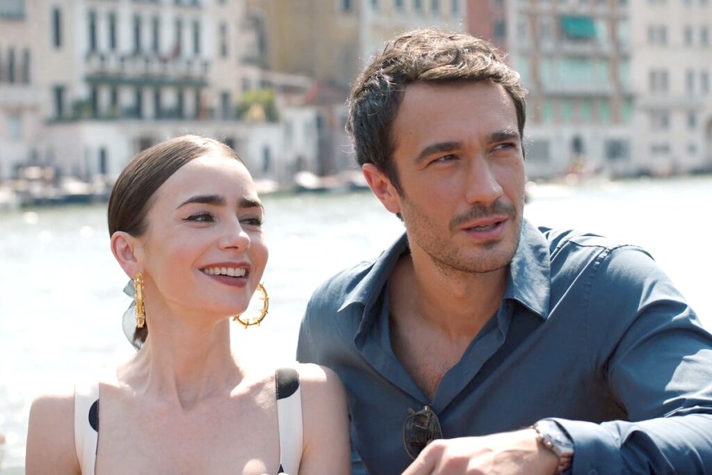 Emily's white polka dot set + Mindy's floral pumps on Emily In Paris